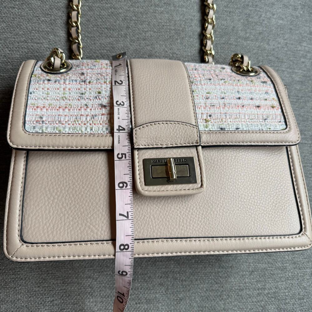 Karl Lagerfeld Beige Tweed Details Shoulder Crossbody Bag Purse - Picture 11 of 12